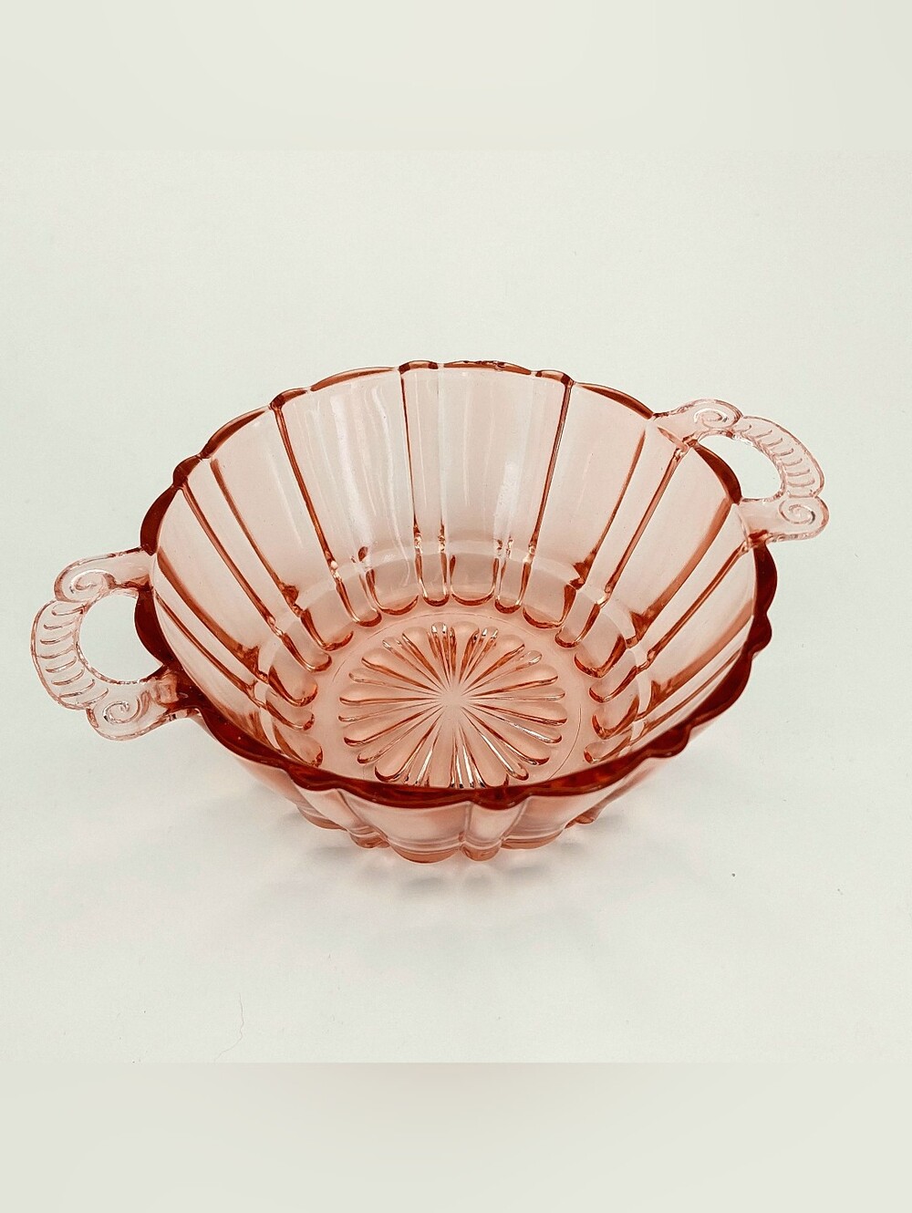 Vintage 1930s Anchor Hocking Old Cafe Pink Depression Glass Handled Bowl Dish